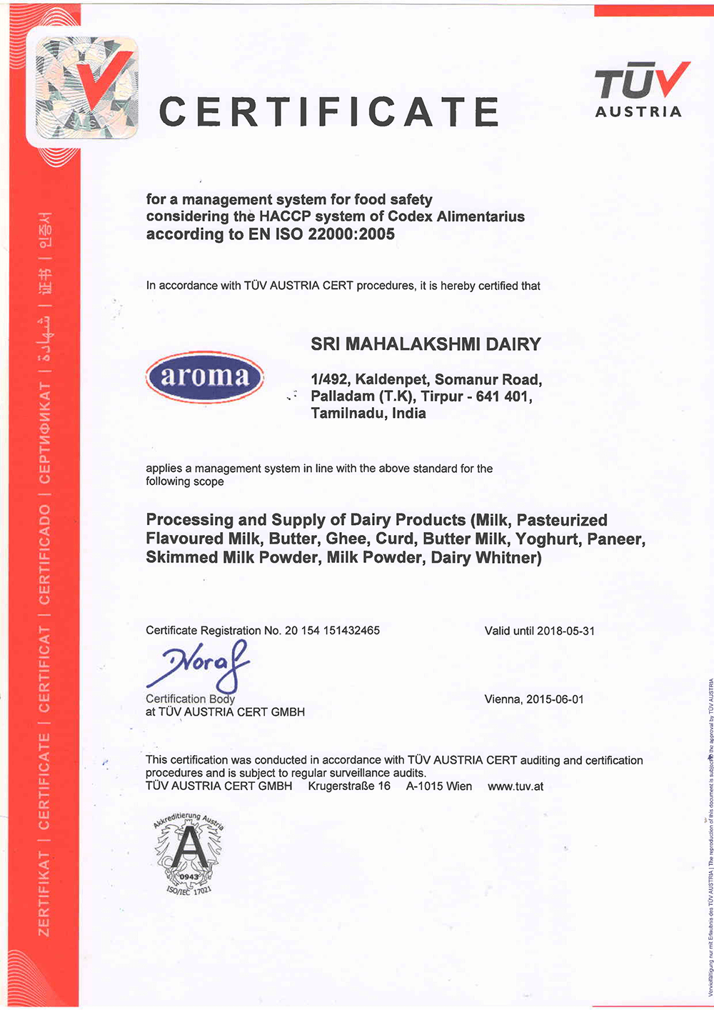 Aroma TUV AUSTRIA Certificates